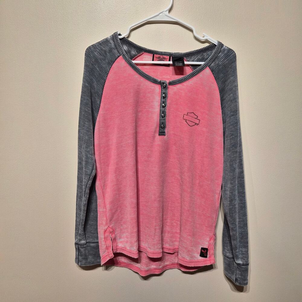 Harley Davidson Large Women's Pink Label Waffle Knit Henley Sparkle Bling